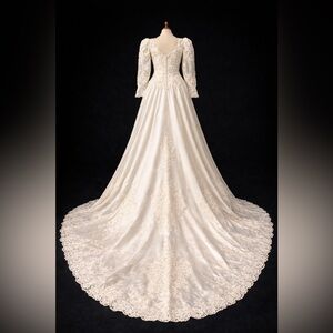 VTG Jasmine 90s Lace Satin Wedding Dress Long Sleeve Cathedral Train Size 14